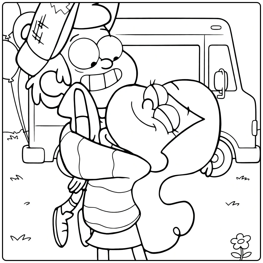 Gravity Falls Kleurplaat met knuffelende personages voor bus
