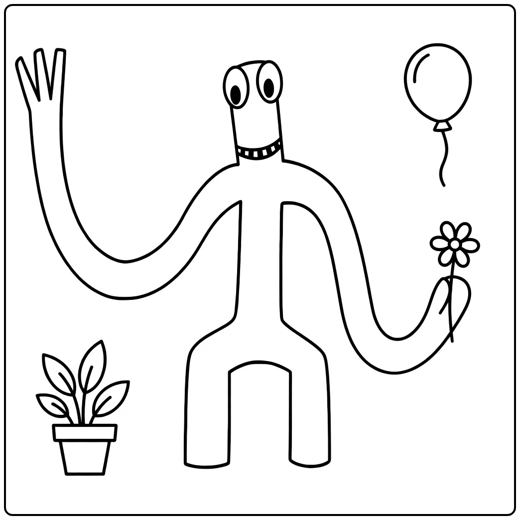 Green Rainbow Friends Kleurplaat met wapperende arm en ballon