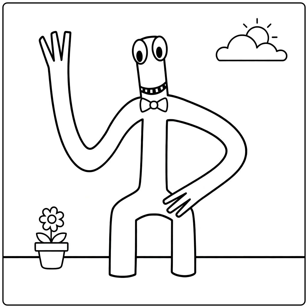 Green Rainbow Friends Kleurplaat met grappige figuur en plant