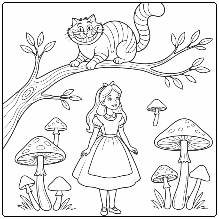 Alice in Wonderland: Cheshirekat grijnst op tak boven Alice