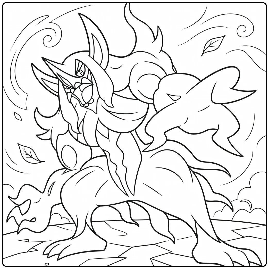 Grimmsnarl Kleurplaat: dynamische pose met wind en bladeren