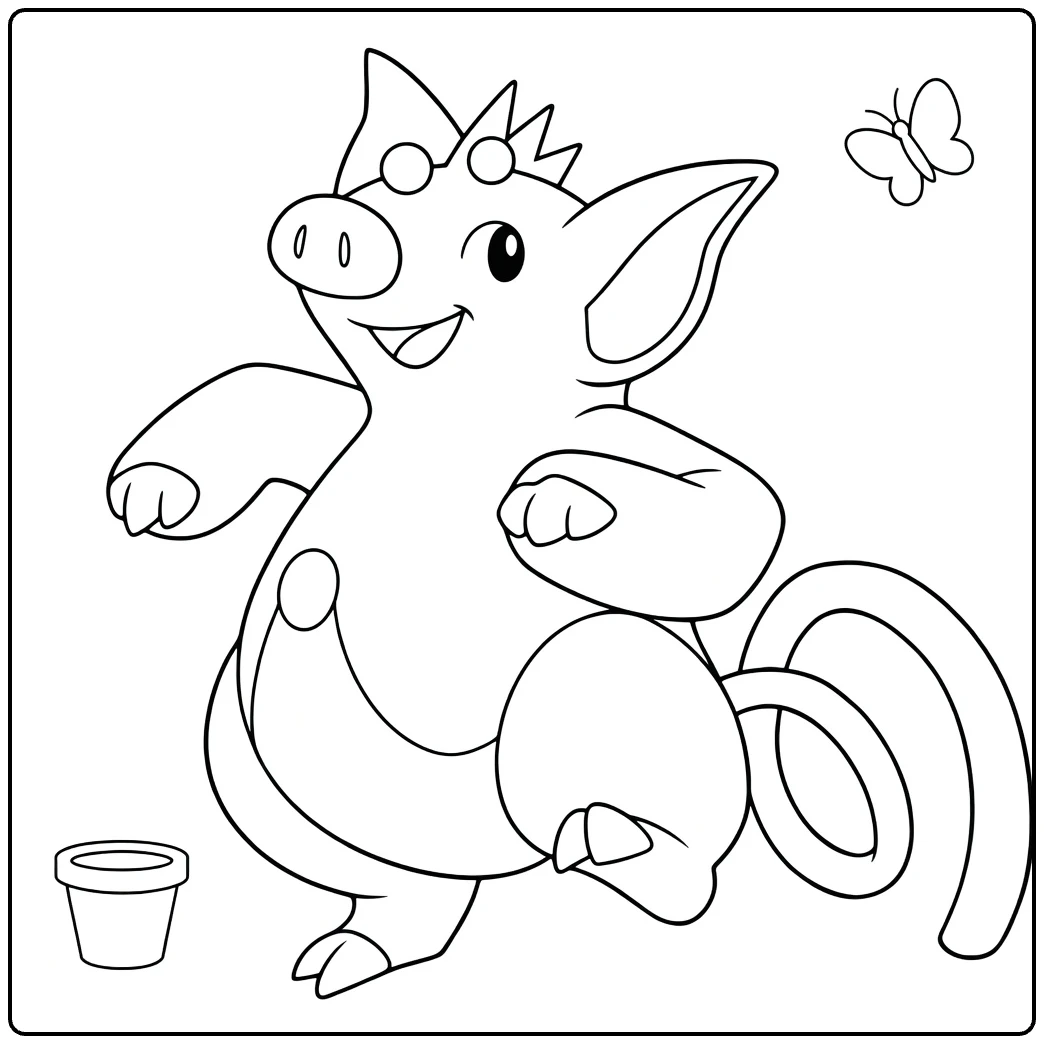 Grumpig Kleurplaat: vrolijke Pokémon met kroon, vlinder