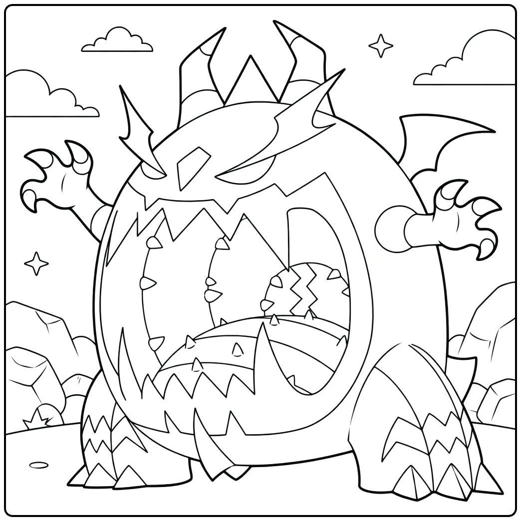 Guzzlord Kleurplaat: eng Pokémon-monster met open muil en klauwen
