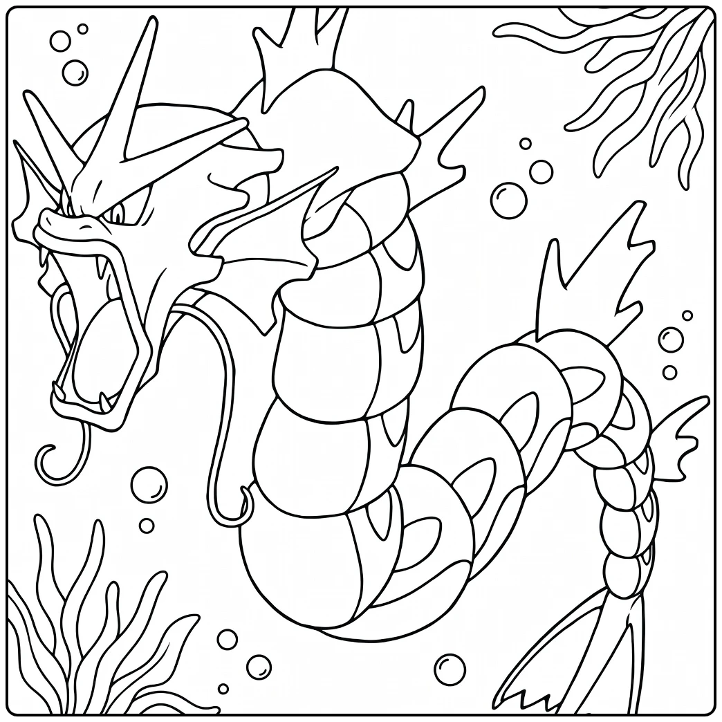 Gyarados Kleurplaat Pokémon onderwater met vishaak en bellen