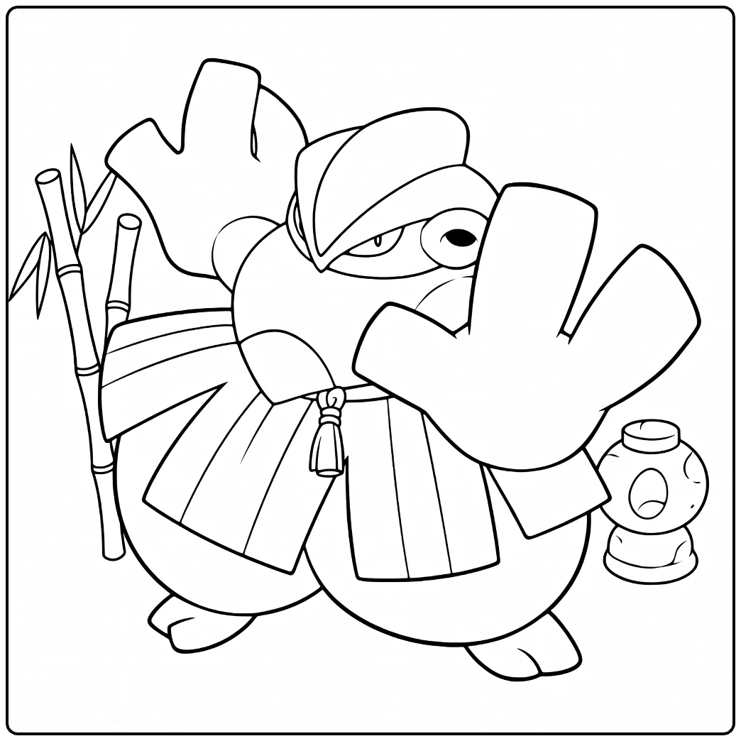 Hariyama Kleurplaat sumo Pokémon met bamboe en lantaarn