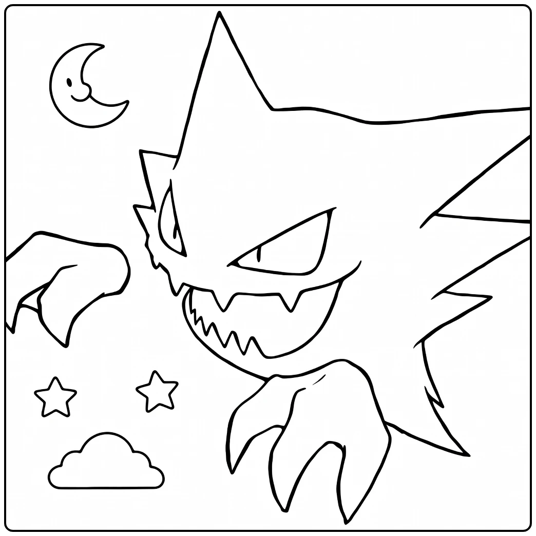 Haunter Kleurplaat met griezelig spook, maan en sterren