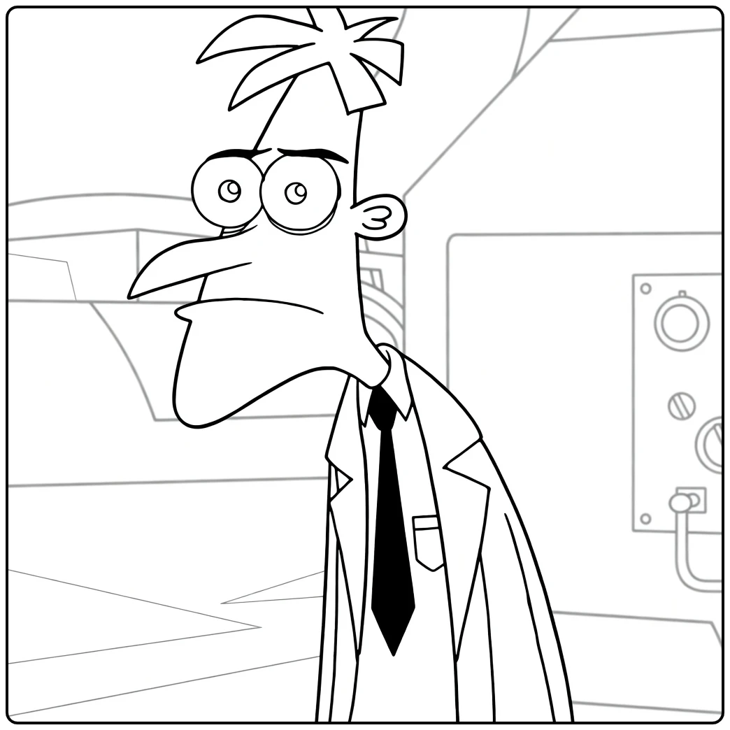 Heinz Doofenshmirtz Kleurplaat met labjas en grote ogen