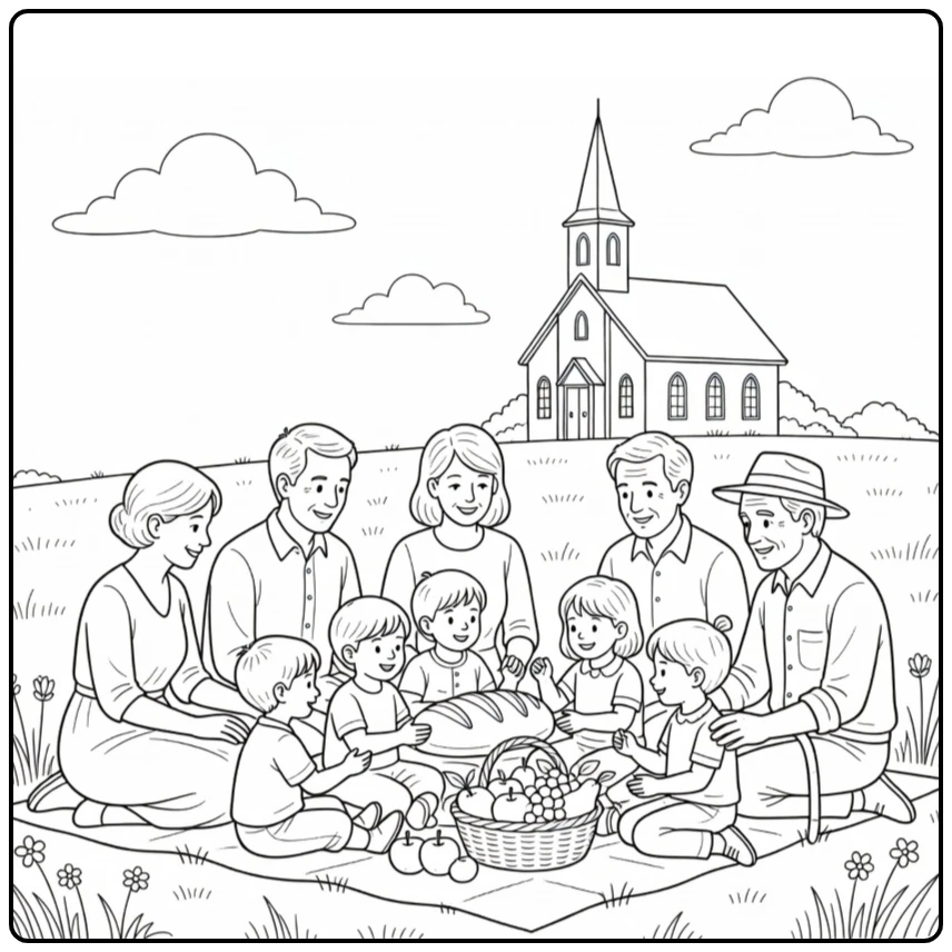Hemelvaart kleurplaat picknick familie na kerk wei brood fruit