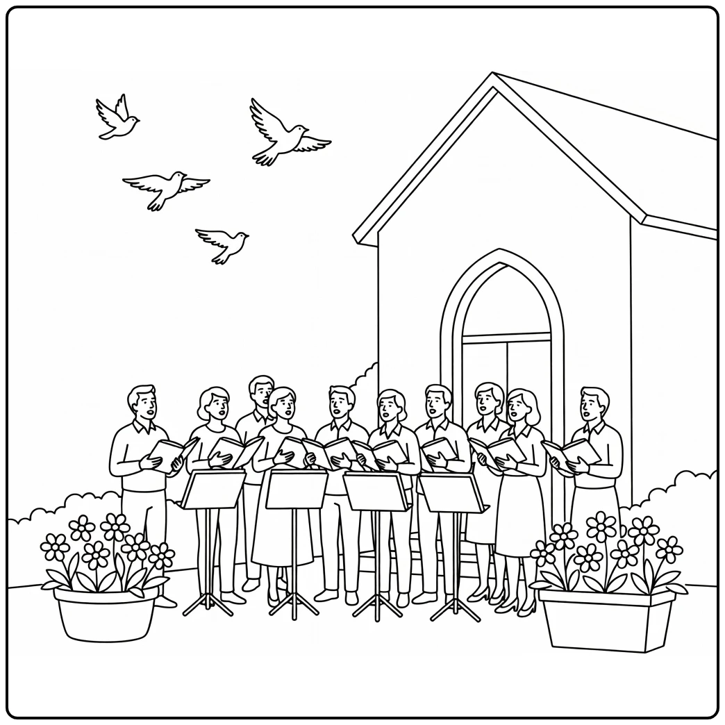 Hemelvaart kleurplaat: koor zingt voor kerk met vogels