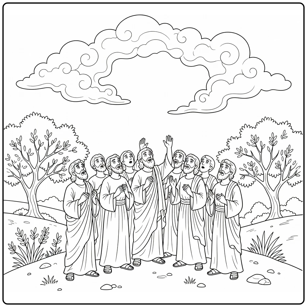 Hemelvaart kleurplaat: discipelen op heuvel kijken naar Jezus in wolken