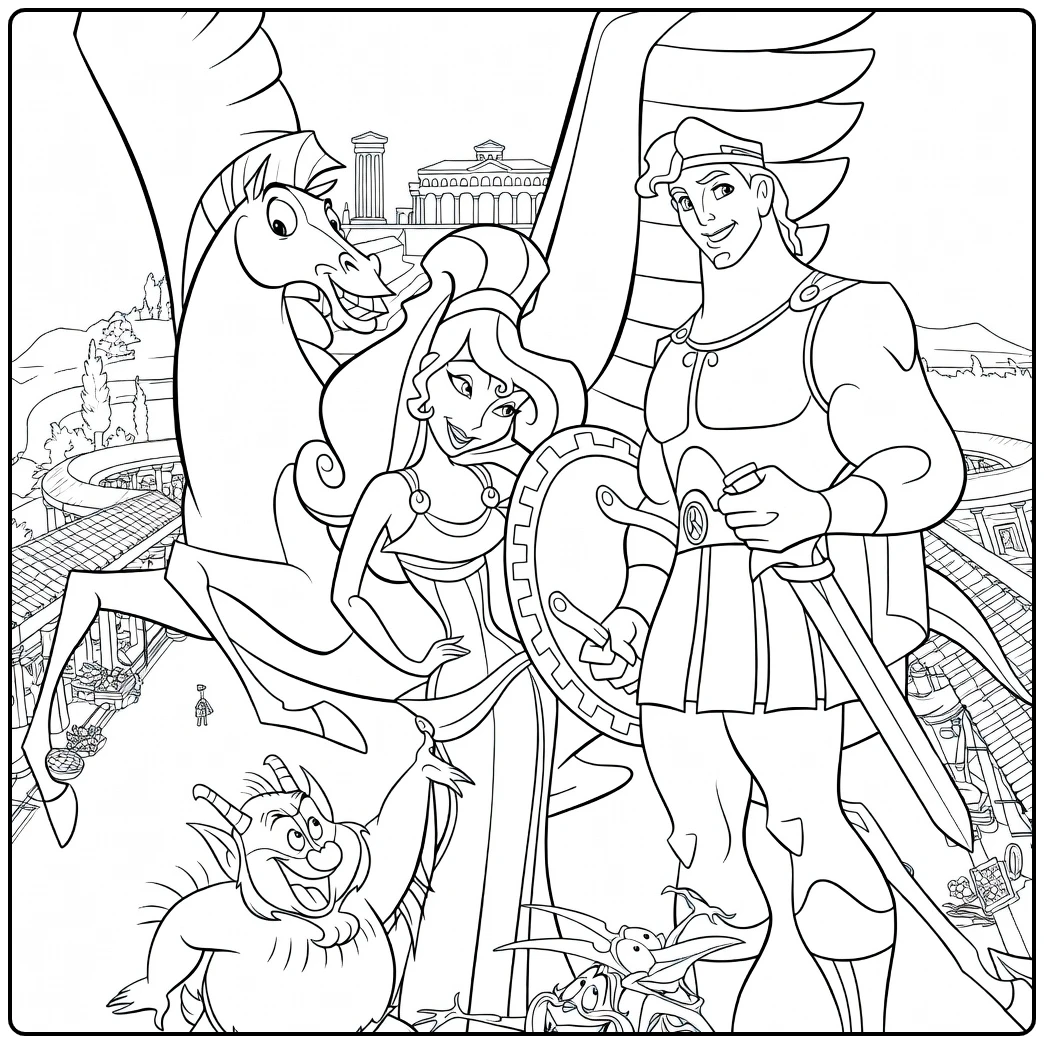 hercules kleurplaat met Pegasus, Megara en Phil