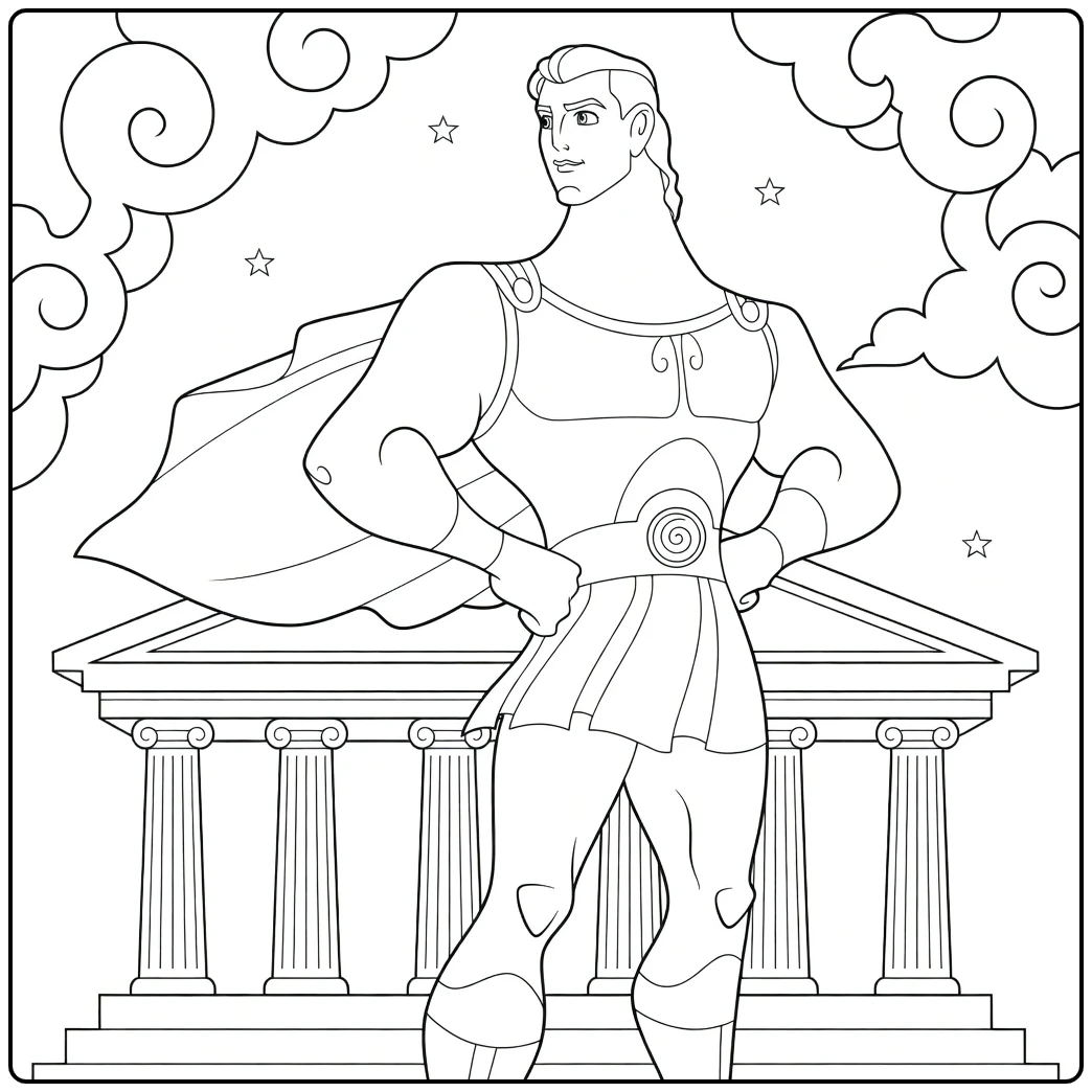 hercules kleurplaat Hercules op tempel met wolken en sterren