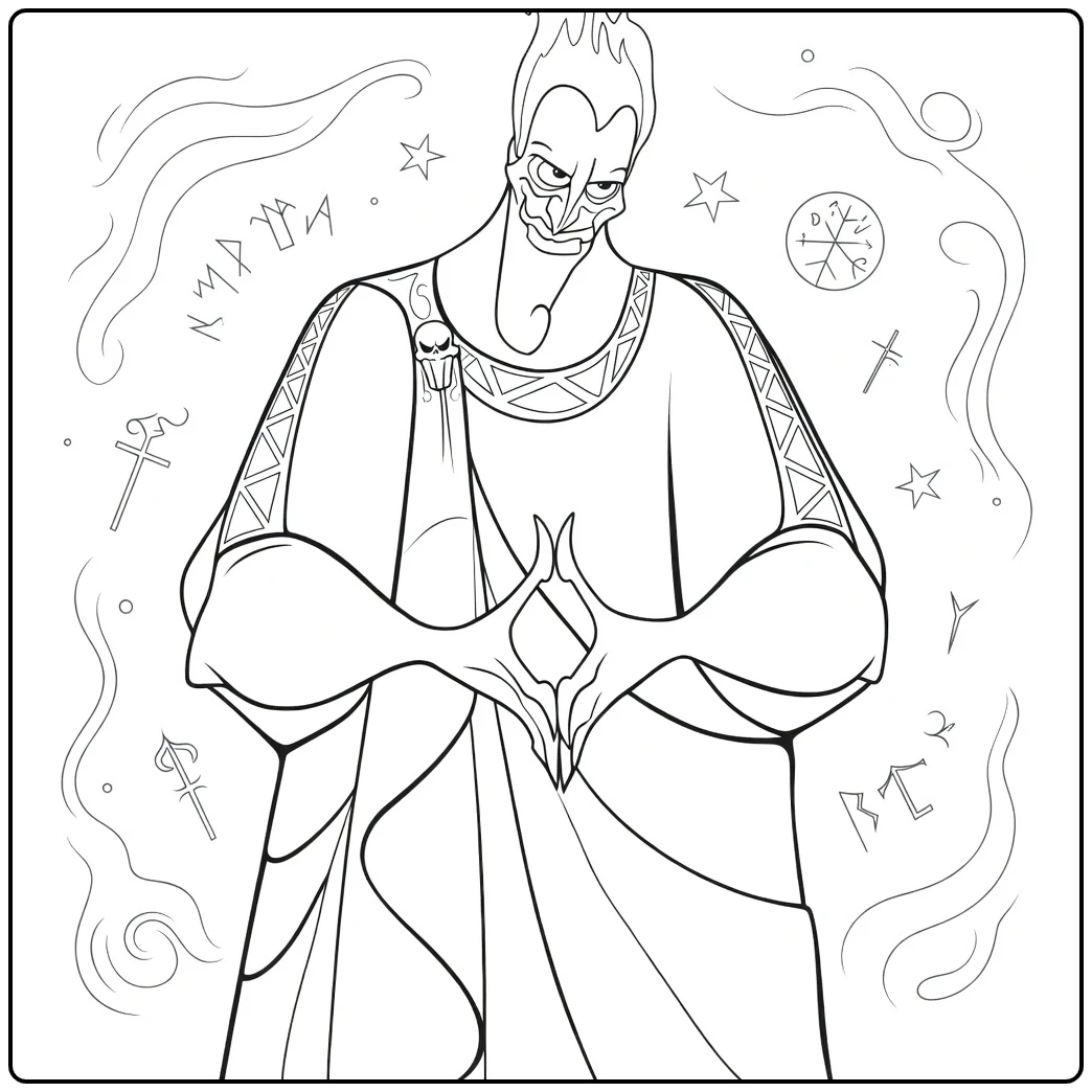 hercules kleurplaat Hades met vlammen en mystieke symbolen