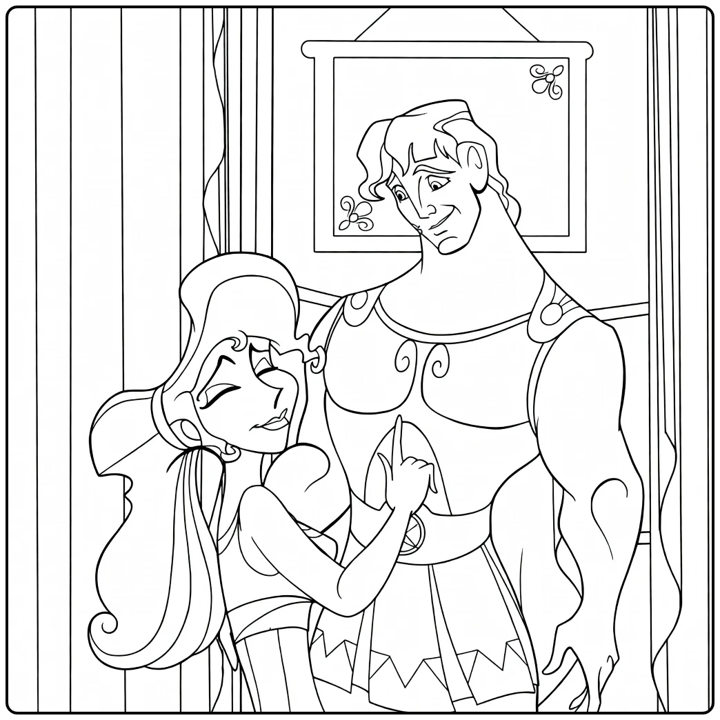 Hercules kleurplaat met Megara in romantische pose