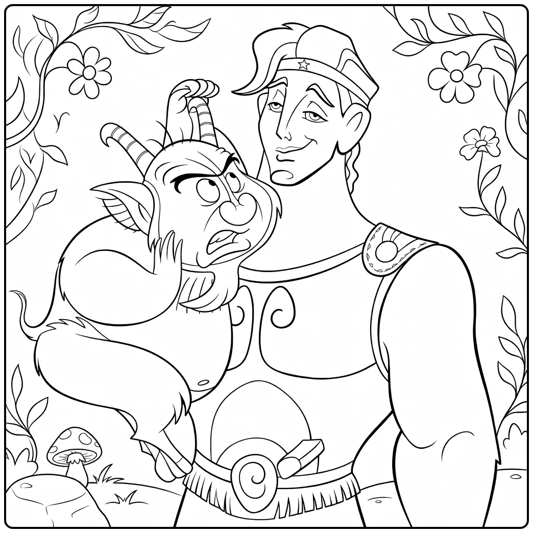 hercules kleurplaat met held en faun in bloemenbos