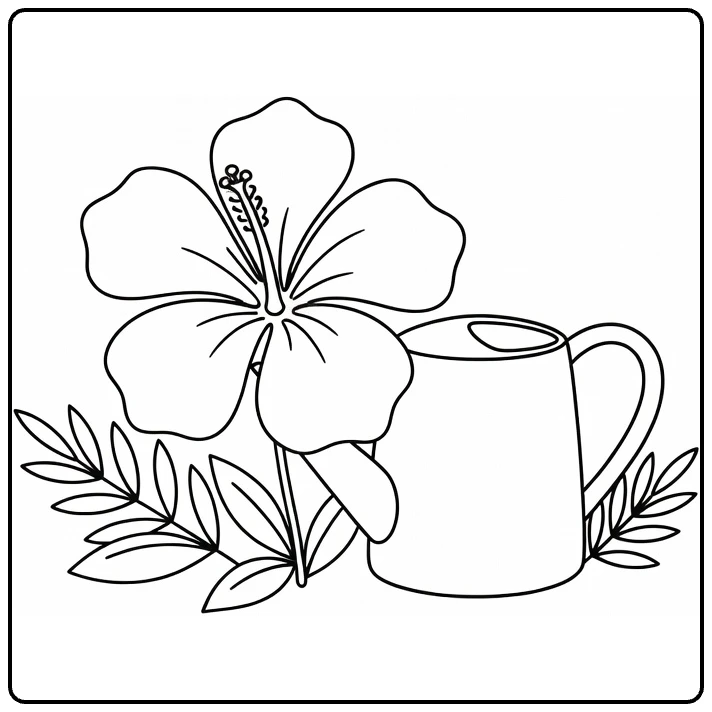 Hibiscus kleurplaat met bloem naast gieter en bladeren