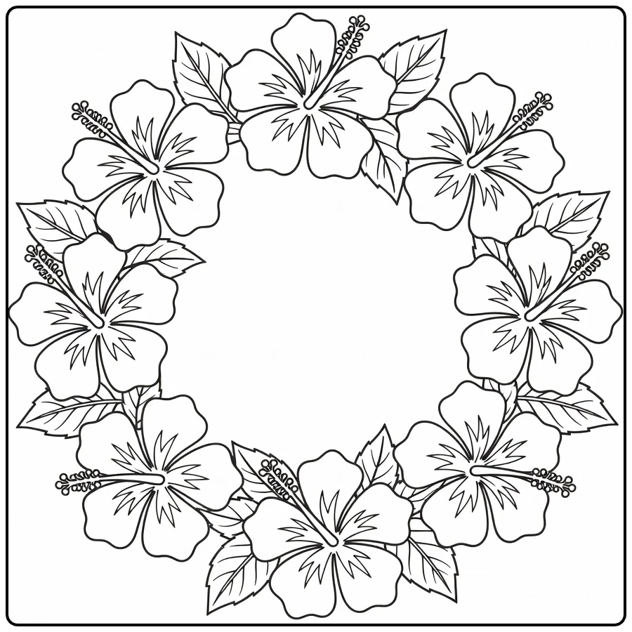 Hibiscus kleurplaat met bloemenkrans van grote bloem en blad