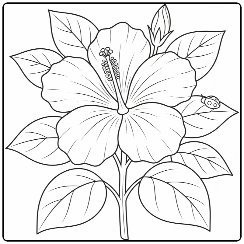 hibiscus kleurplaat met bloem en lieveheersbeestje op blad