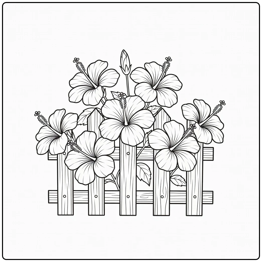 Hibiscus kleurplaat met bloemen rond houten tuinhek