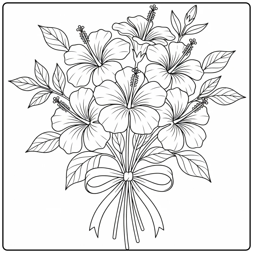 Hibiscus kleurplaat met bloemenboeket en lint