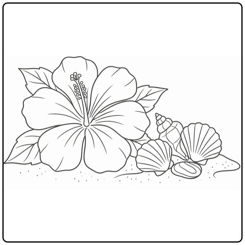 Hibiscus kleurplaat met bloem en schelpen op zand