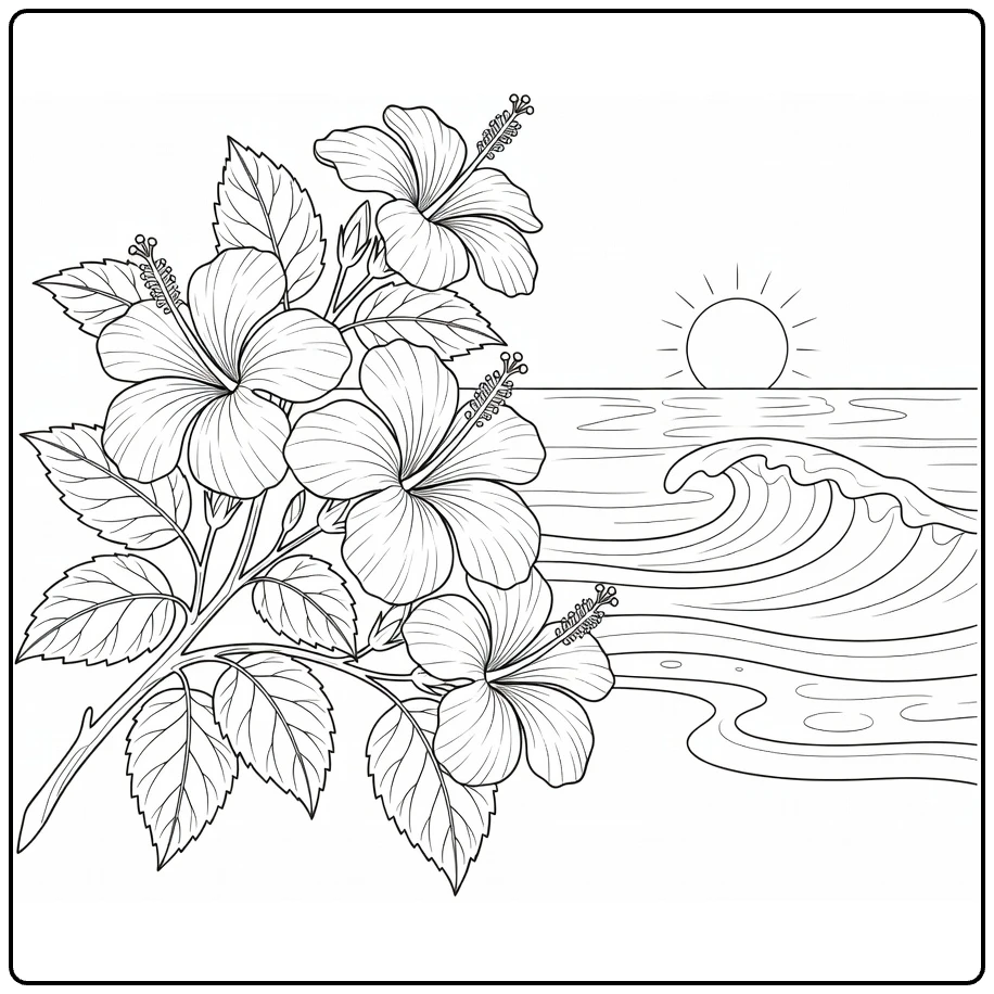 hibiscus kleurplaat met tropische tak en kalme oceaan