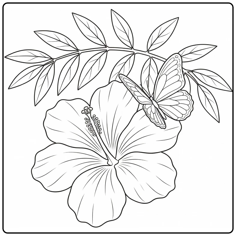Hibiscus kleurplaat met vlinder op bloemblad