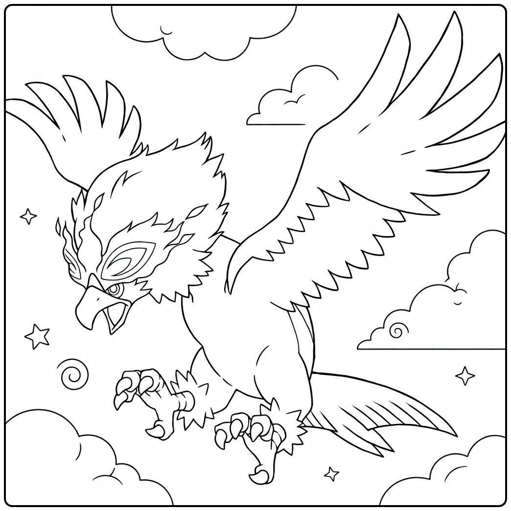 Hisuian Braviary Kleurplaat: vliegende Pokémon met felle ogen en klauwen