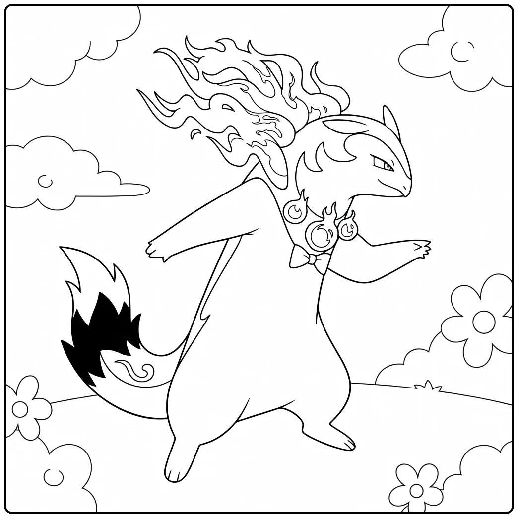 Hisuian Typhlosion Kleurplaat met vlammen en bloemen