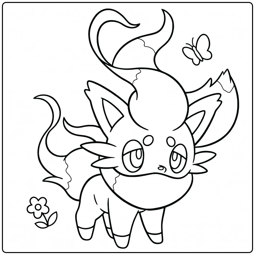 Hisuian Zorua Kleurplaat met vlinders en bloemen
