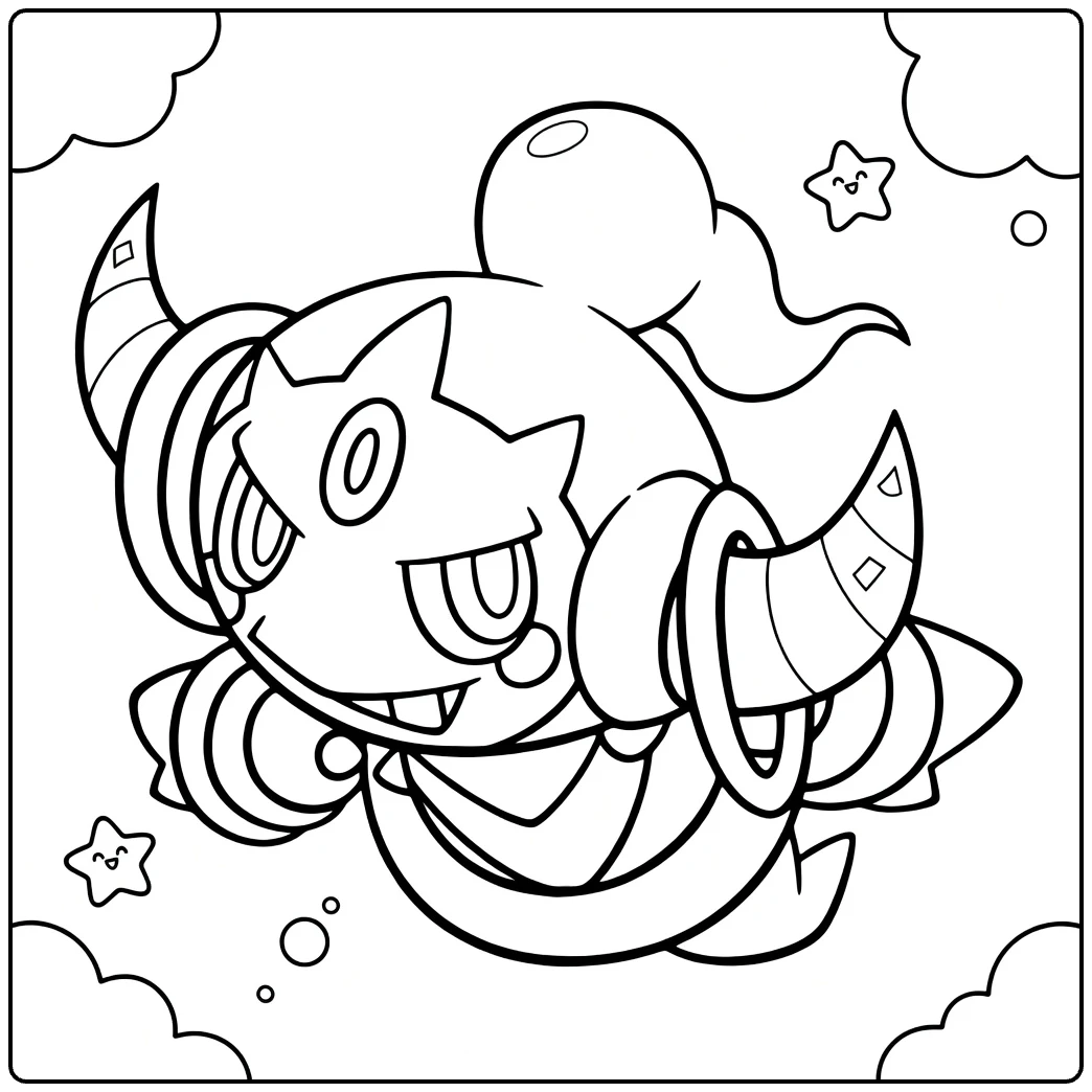 Hoopa Kleurplaat: mythische Pokémon met ringen, hoorns en wolken