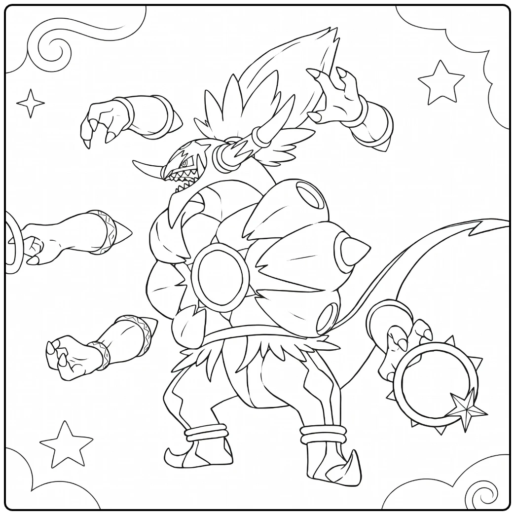 Hoopa Unbound Form Kleurplaat met 6 armen en ringen