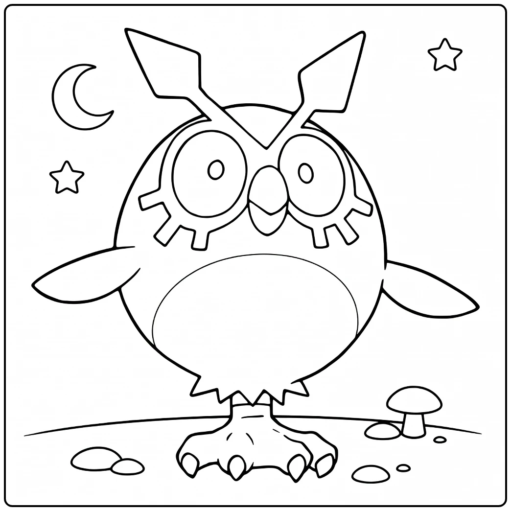 Hoothoot Kleurplaat met maan sterren paddenstoelen