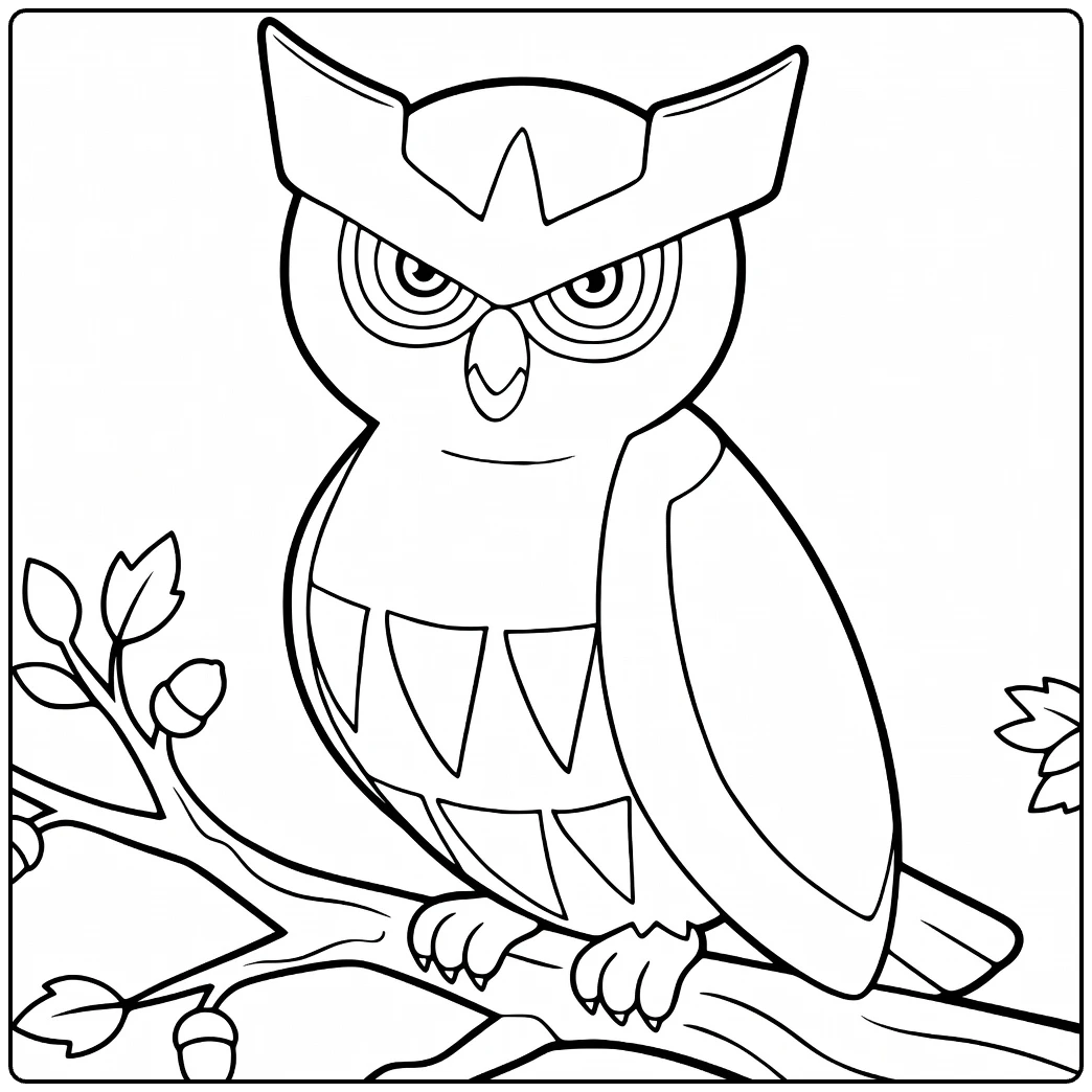 Hoothoot kleurplaat: uil op tak met eikels en bladeren