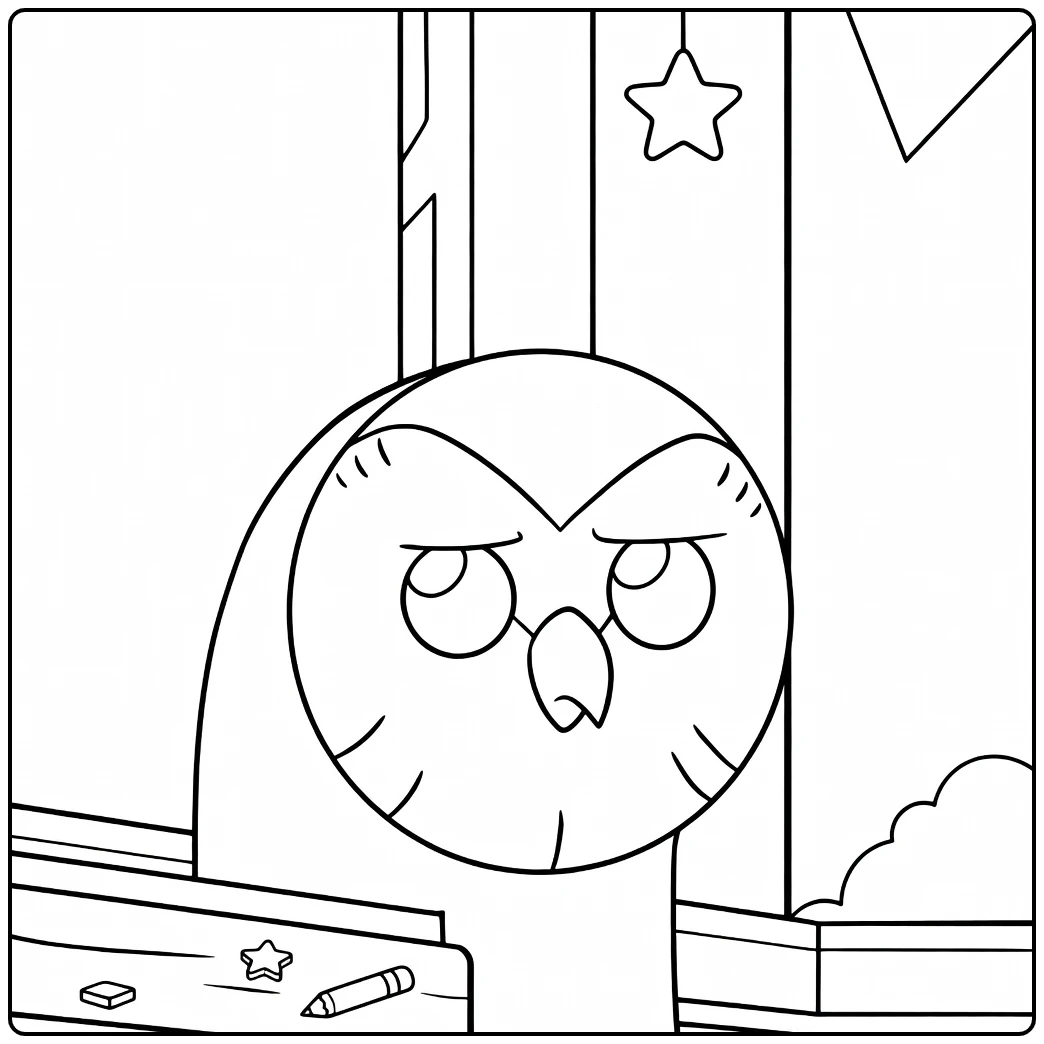 Hooty Kleurplaat uil met sterren en gebouw