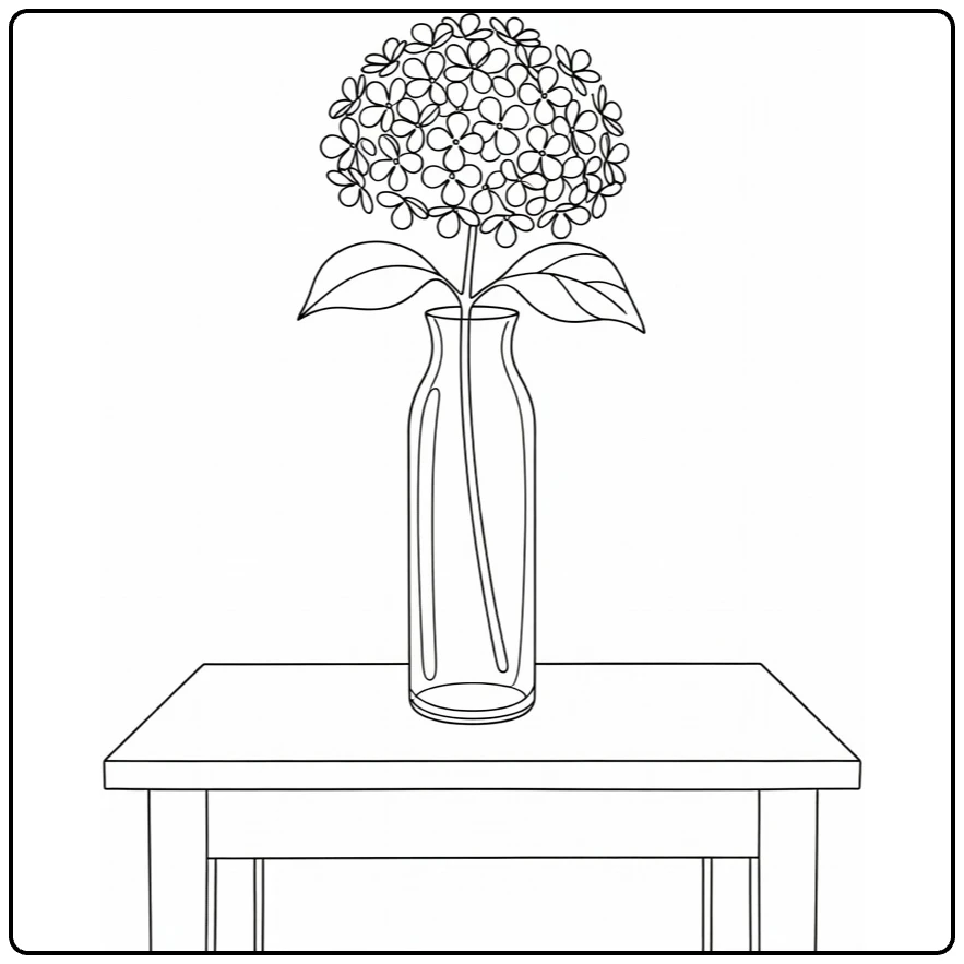 Hortensia kleurplaat van tak met bloem in hoge vaas