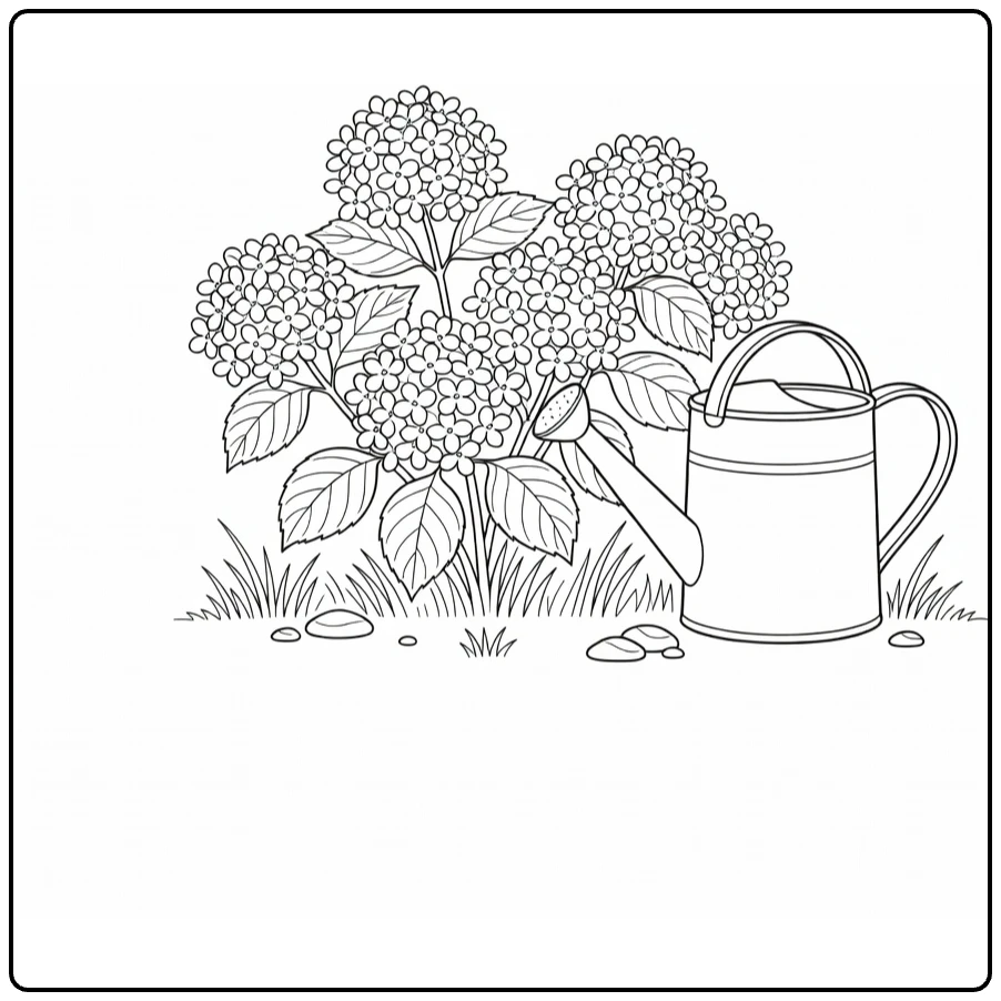 Hortensia kleurplaat met gieter naast bloeiende hortensia