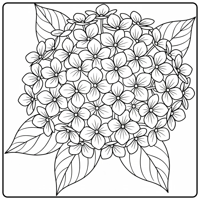 Hortensia kleurplaat met bloei en simpele bladeren