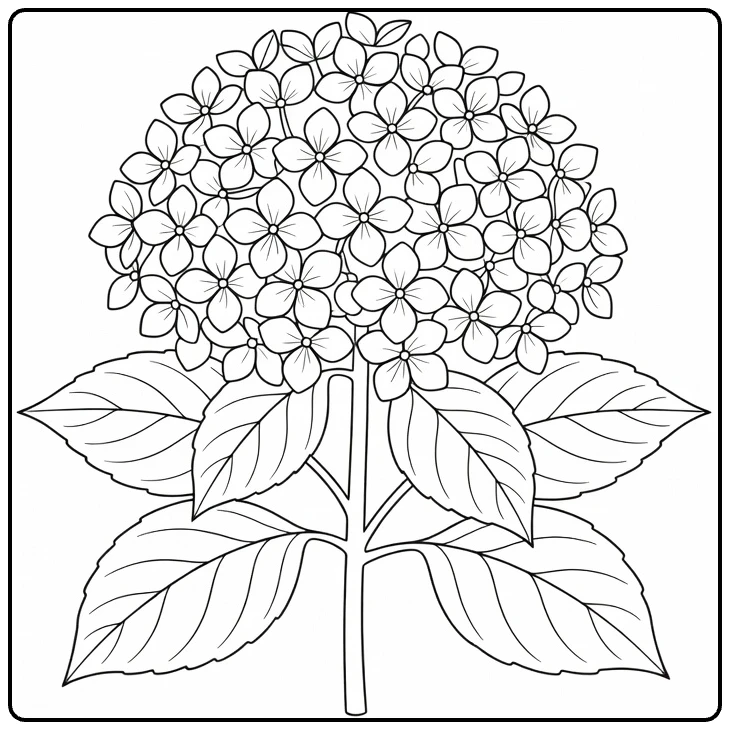 Hortensia kleurplaat met ronde bloem en bladeren