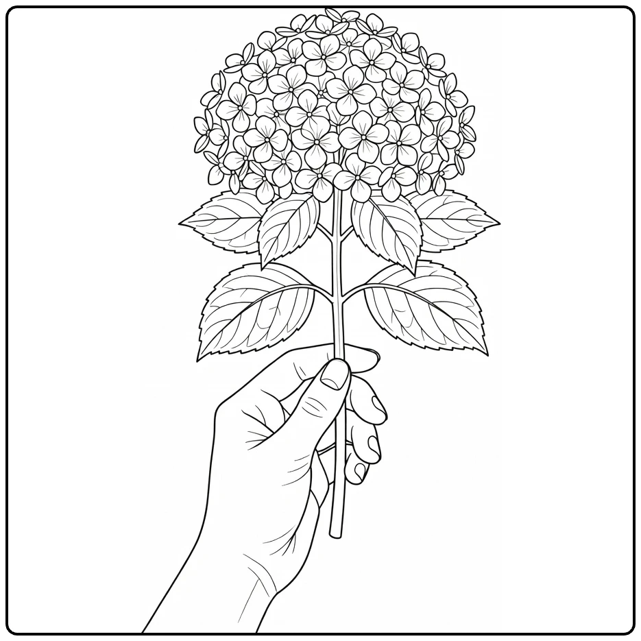 Hortensia kleurplaat met hand die hortensia steel vasthoudt