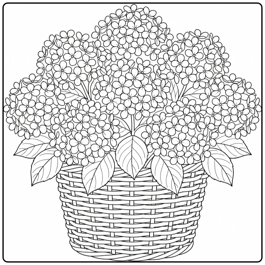hortensia kleurplaat boeket in gevlochten mand met bladeren