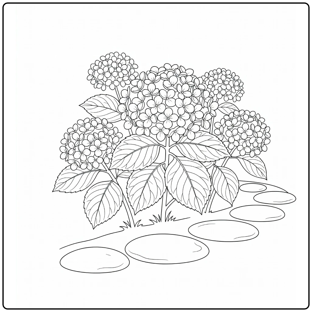 Hortensia kleurplaat hortensia plant met bladeren en tuinpad