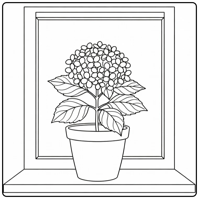 hortensia kleurplaat met plant in pot op vensterbank
