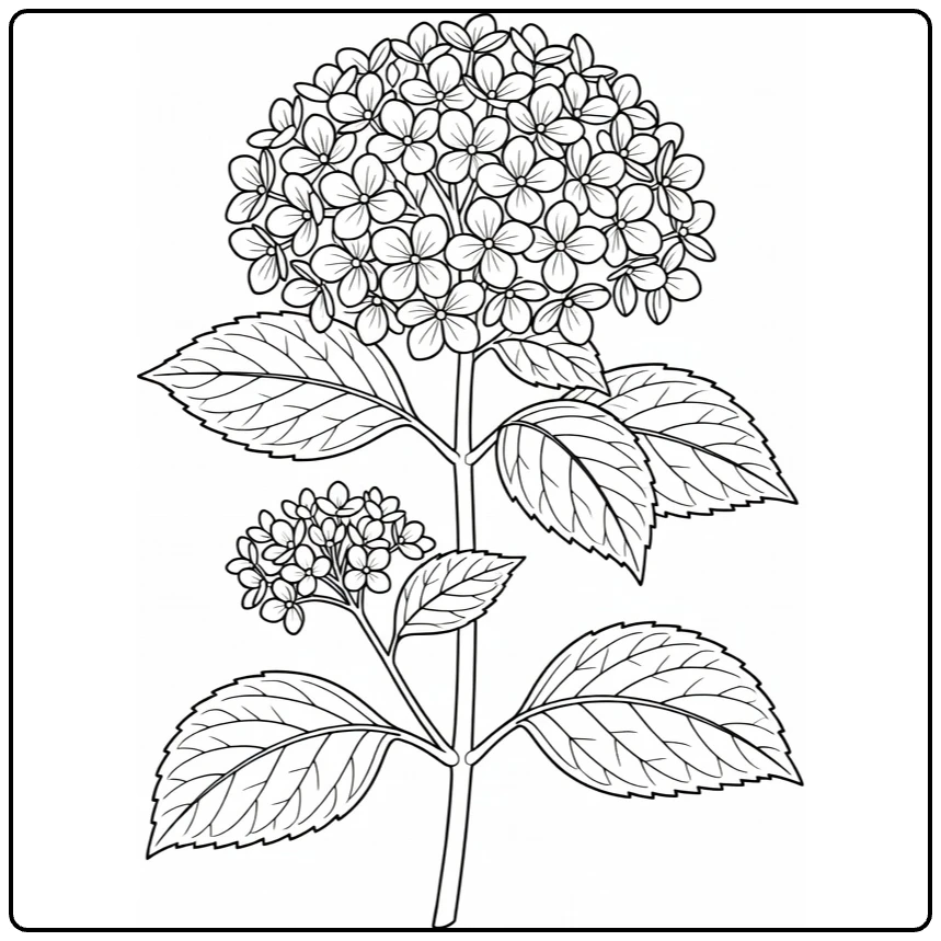 Hortensia kleurplaat met stengel, bloem en bladeren