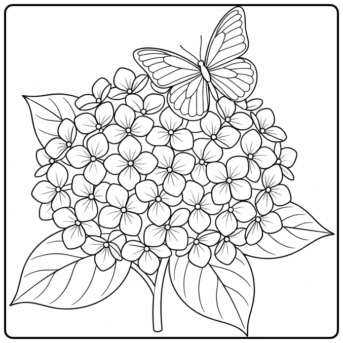 Hortensia kleurplaat met vlinder op bloem