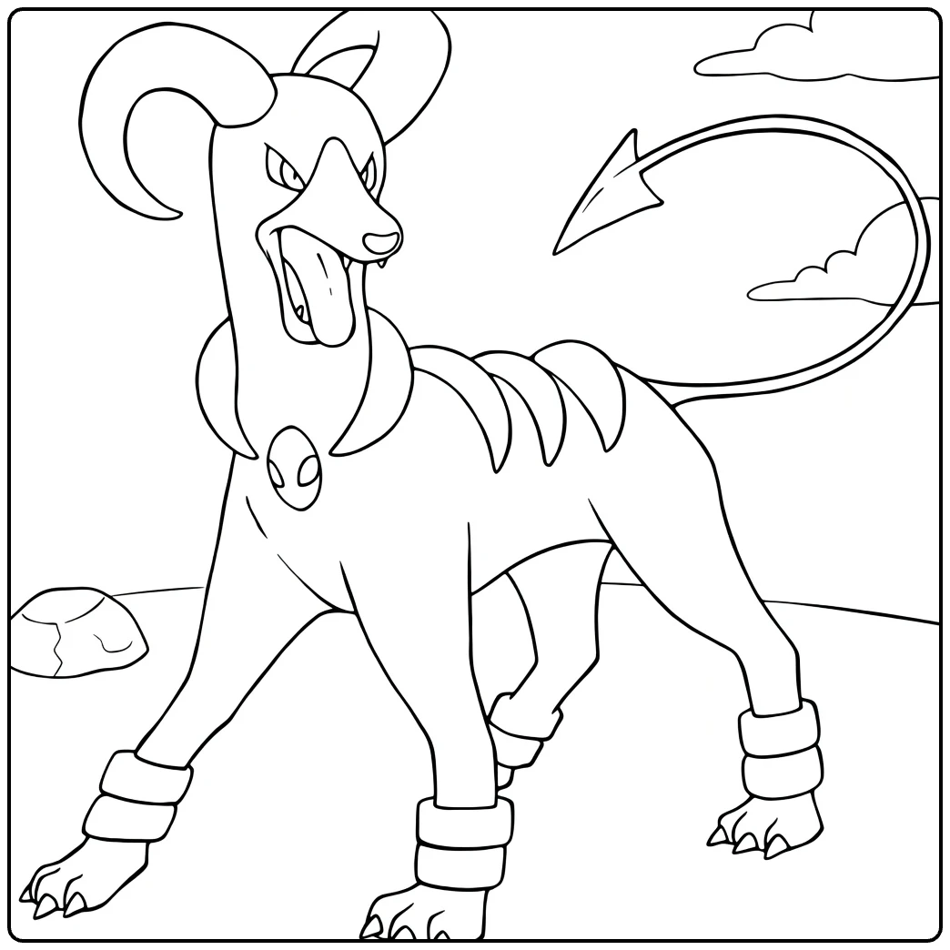 Houndoom Kleurplaat: boze Pokémon met horens en staart