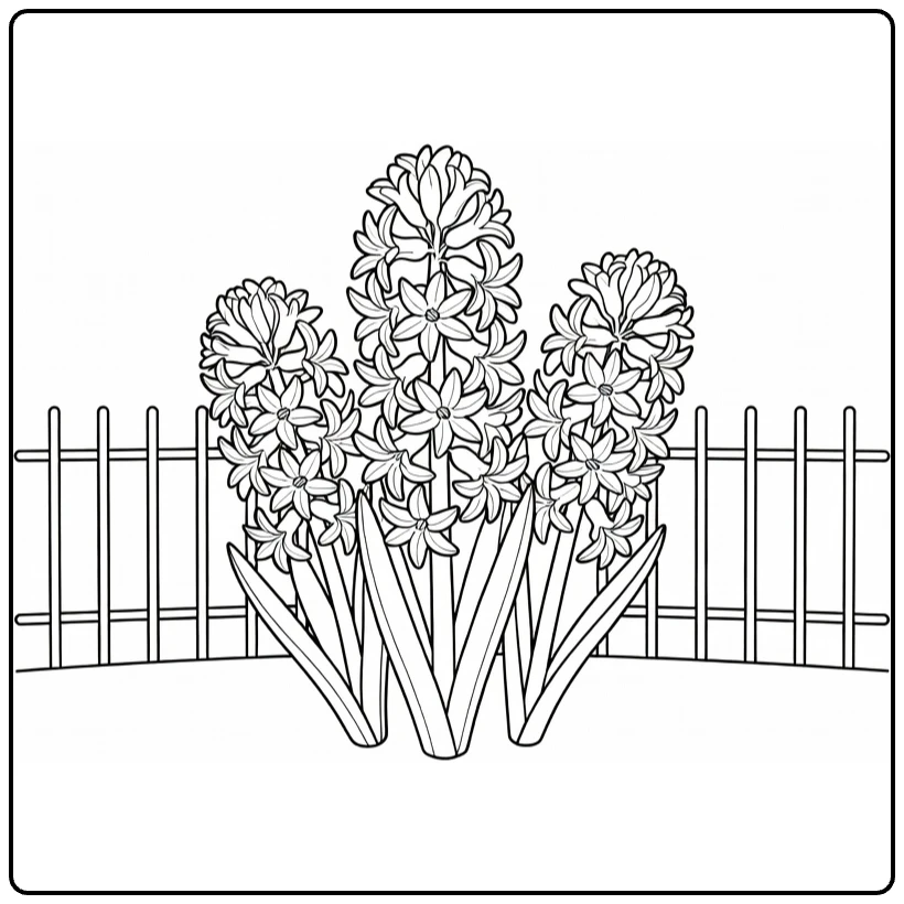 Hyacint kleurplaat met drie bloemen in lentetuin met hek