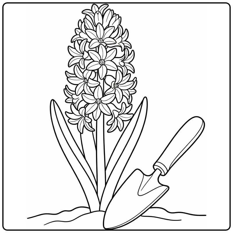 Hyacint kleurplaat met bloem naast tuinschep
