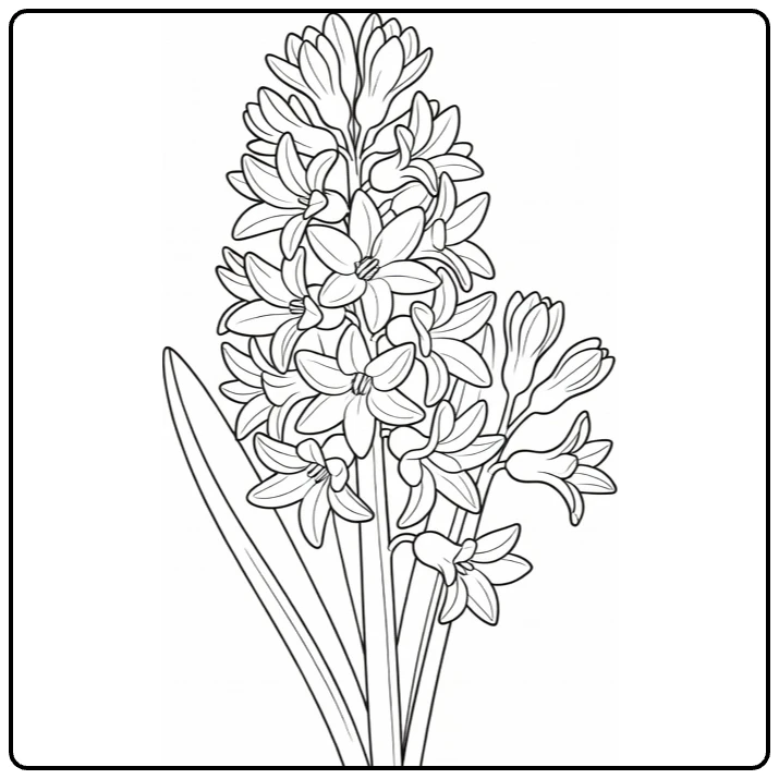 Hyacint kleurplaat met lentebloemen en centrale hyacint