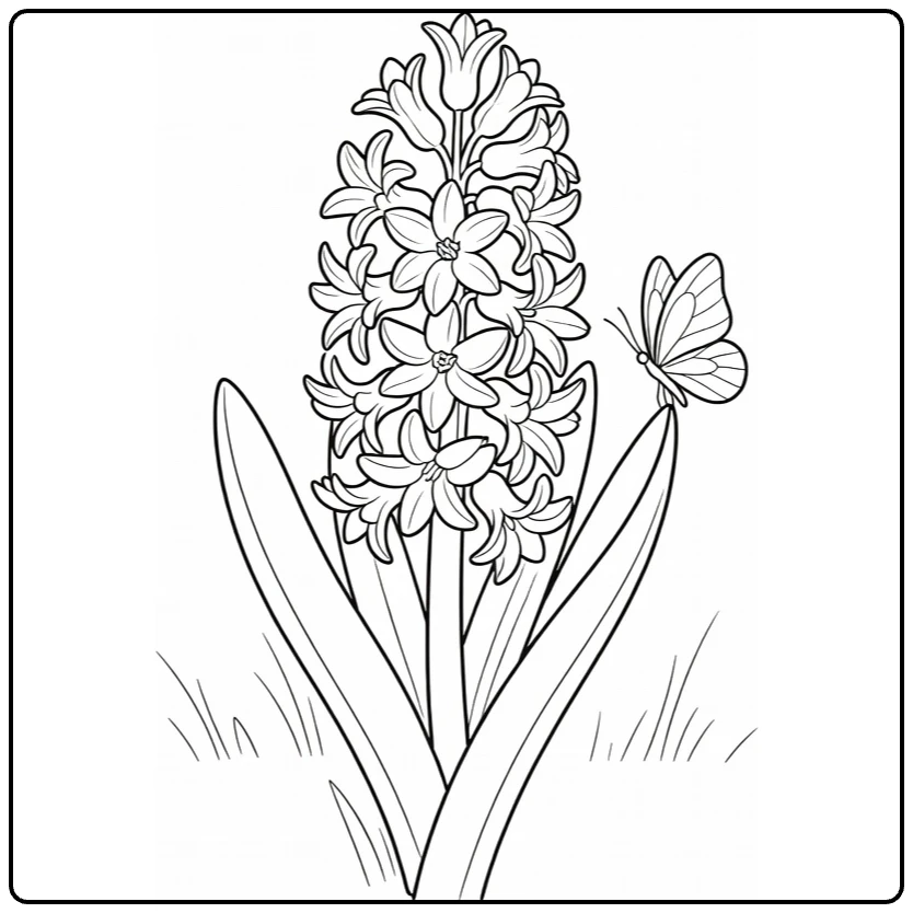Hyacint kleurplaat met hyacint en vlinder in lentetafereel